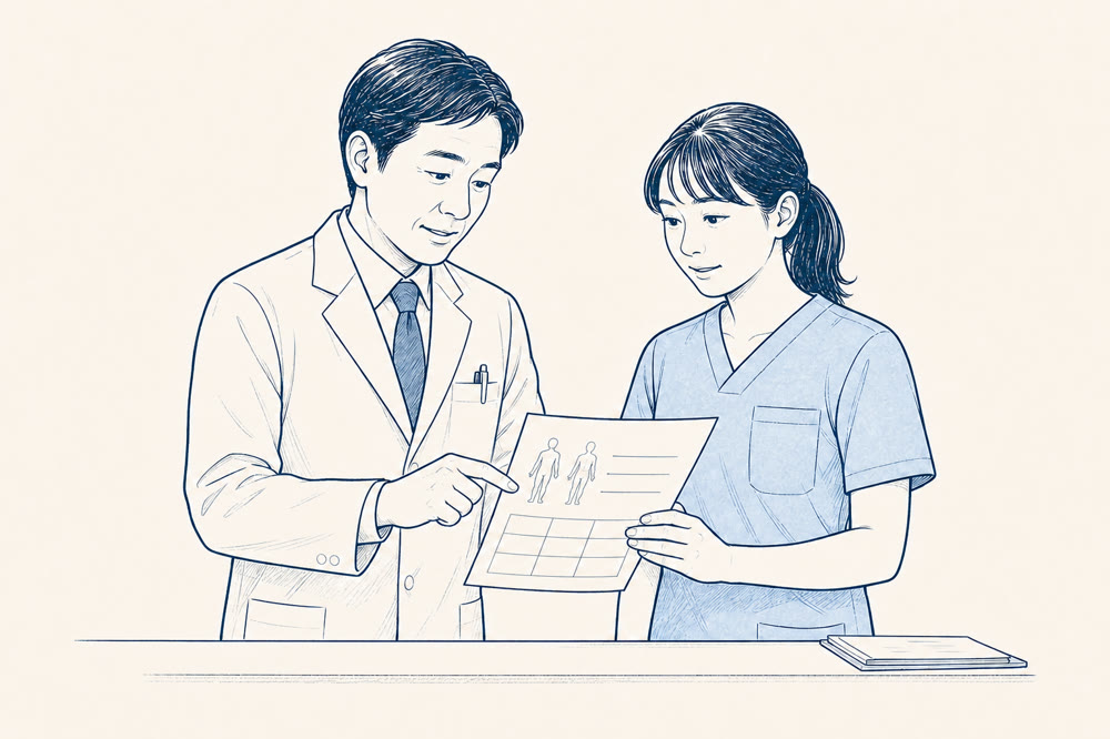診療記録を確認する医師と理学療法士の線画