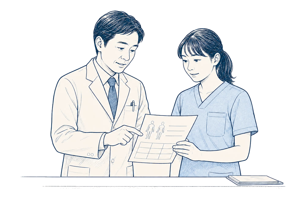 診療記録を確認する医師と理学療法士の線画