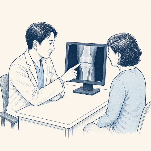 膝の検査画像を説明する医師の線画