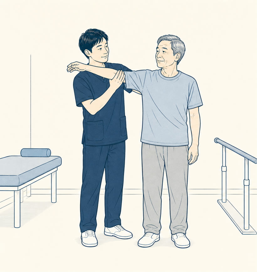 理学療法士と運動を確認する患者の線画