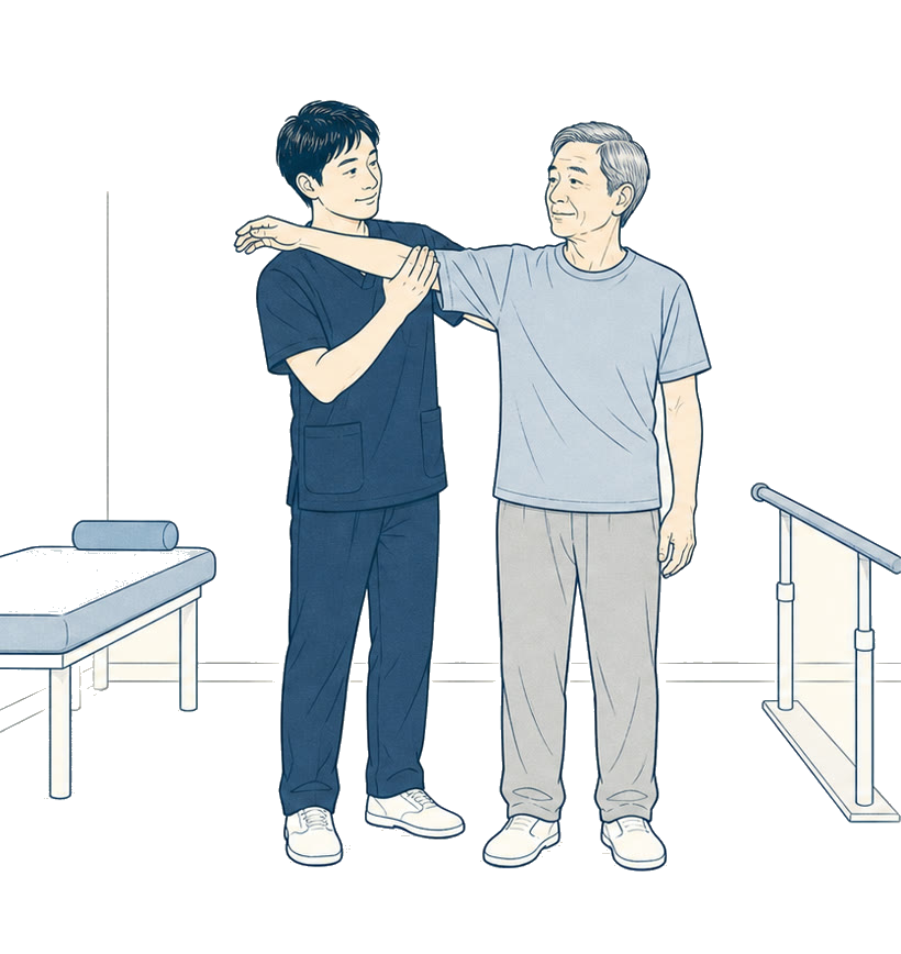 理学療法士と運動を確認する患者の線画